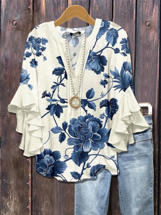 Indigo Bloom™ | Blue Floral Blouse with Ruffle Sleeves