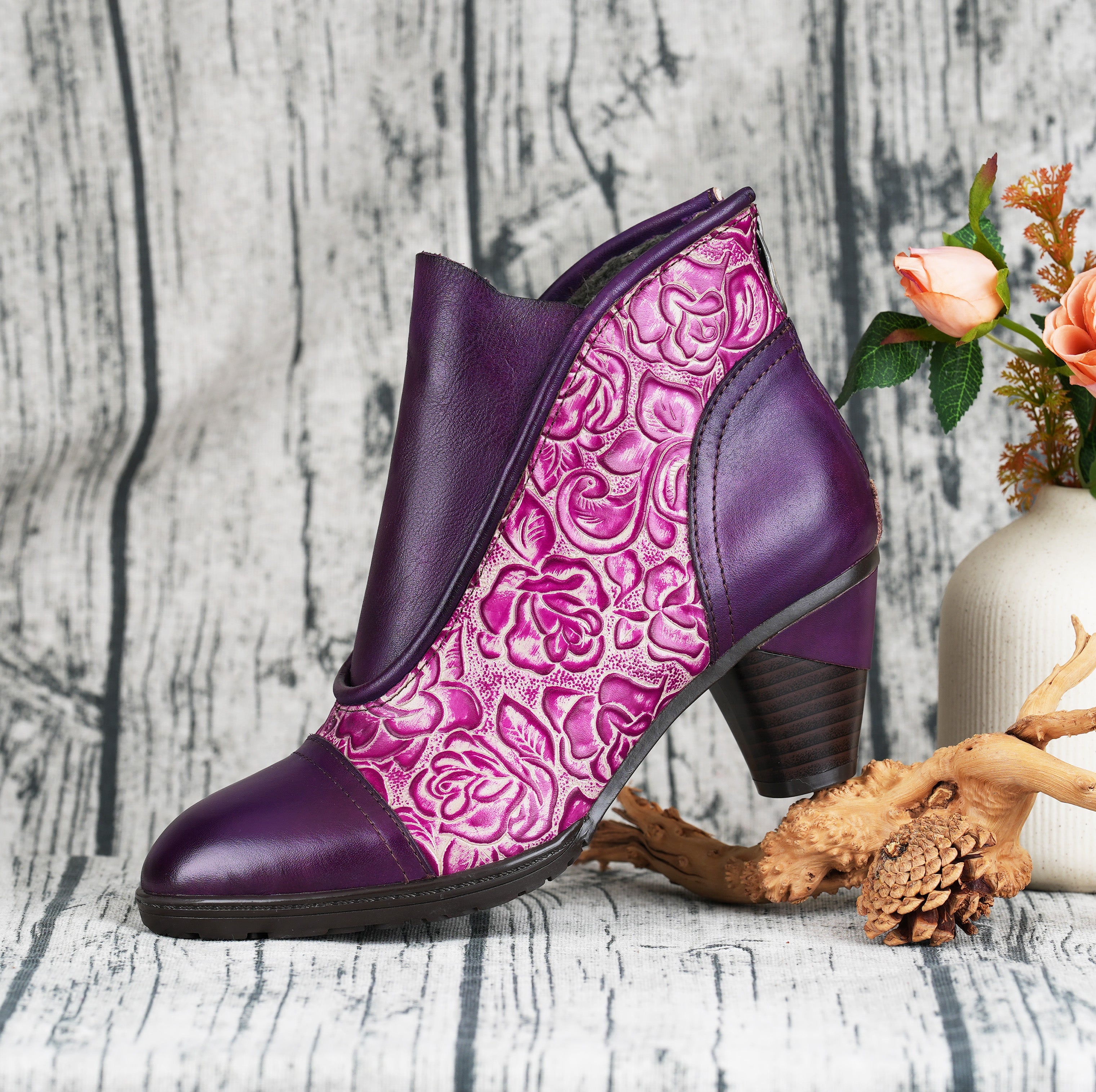 Embossed Floral Elegance Ankle Boots