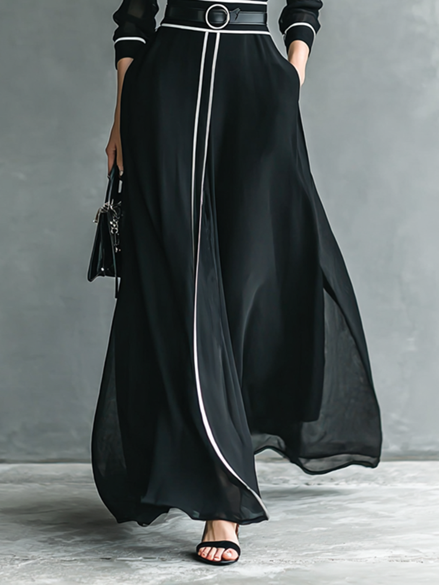 Women's Chiffon White Trim High Collar Long Sleeve Belt Maxi Dress MDA1098G4Y