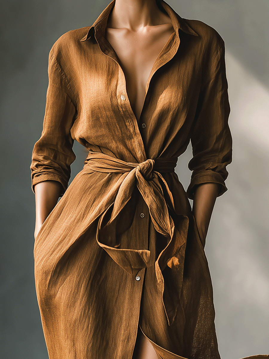 Althea™ | Vintage Brown Shirt Maxi Dress