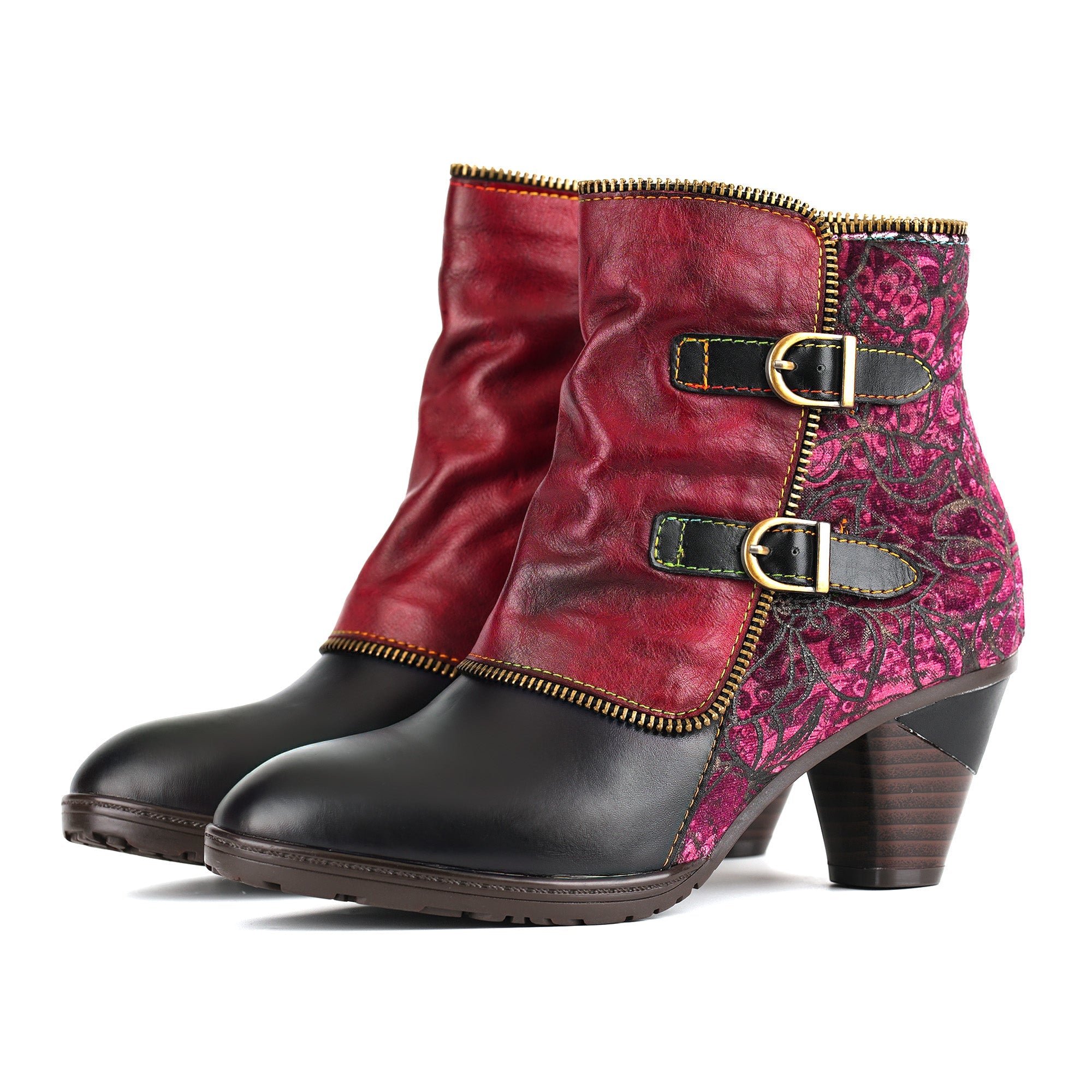 Dual Buckle Contrast Ankle Boots
