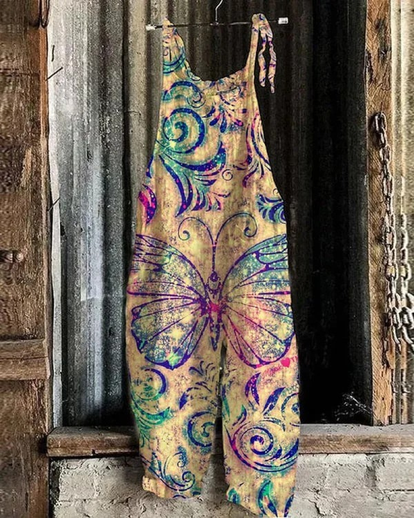 Women's Vintage Butterfly Print Overall - Comfort & Style for Any Occasion