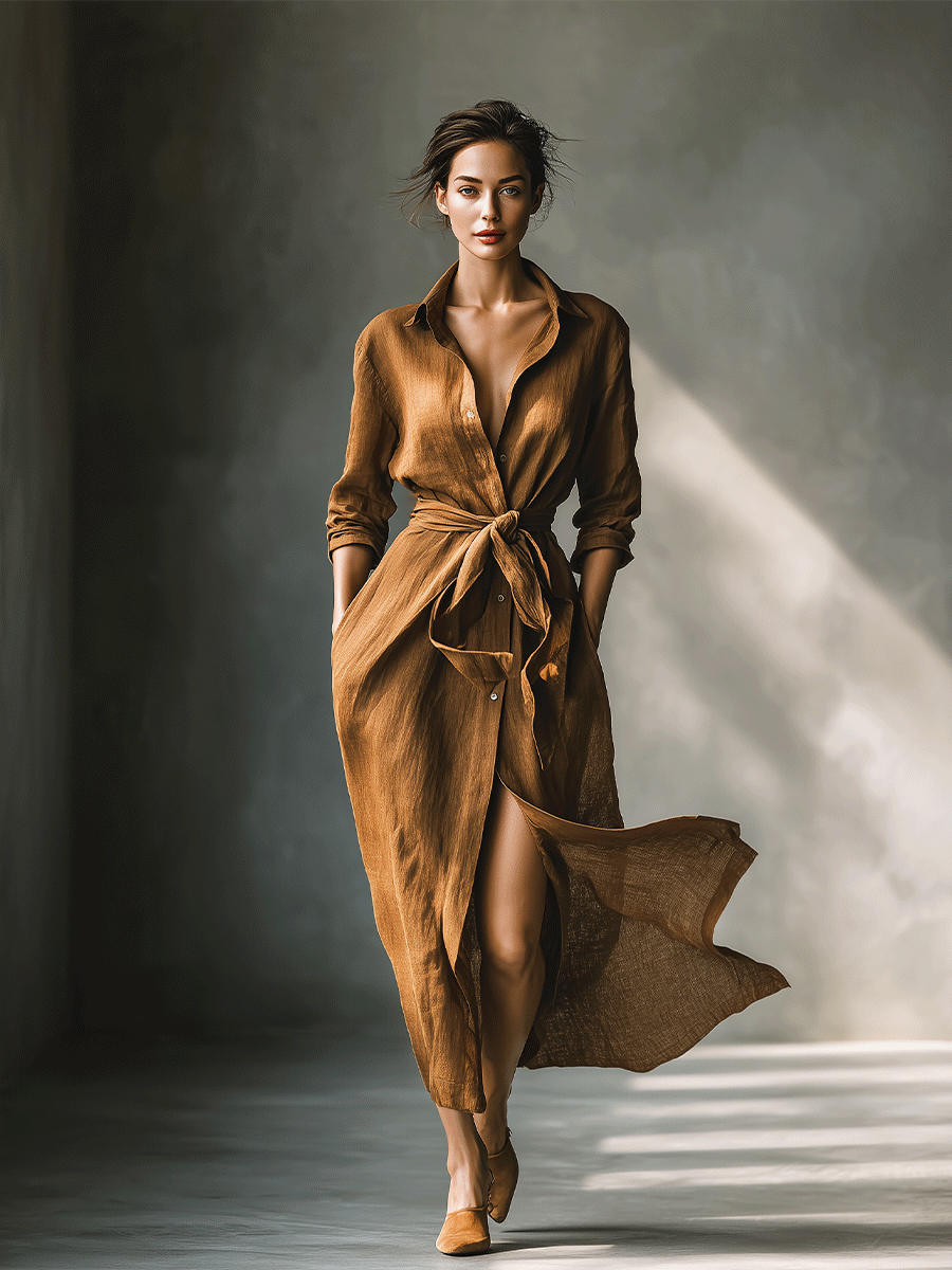 Althea™ | Vintage Brown Shirt Maxi Dress