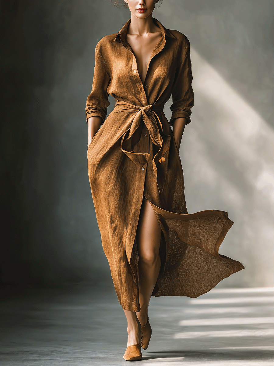 Althea™ | Vintage Brown Shirt Maxi Dress